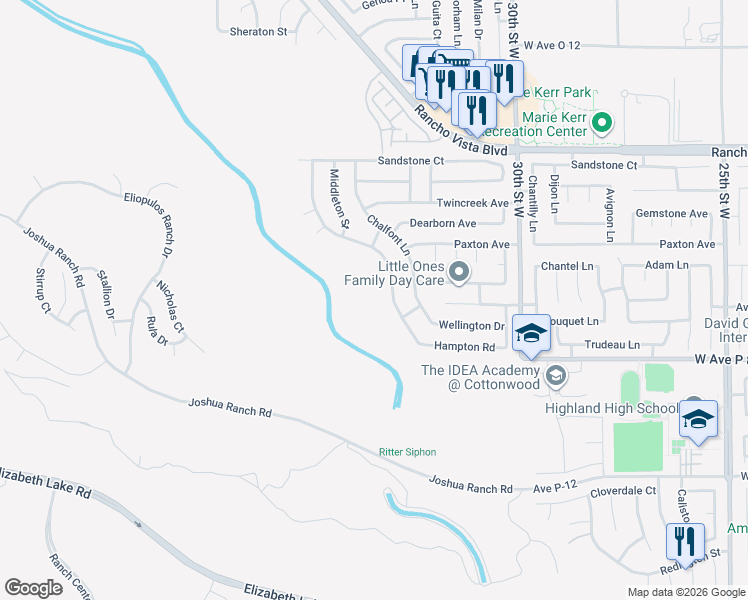 map of restaurants, bars, coffee shops, grocery stores, and more near 39329 Beacon Lane in Palmdale
