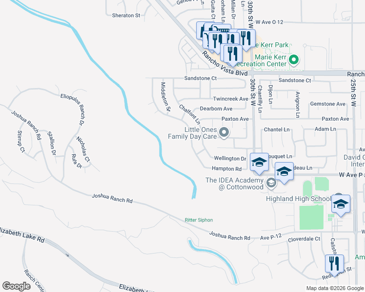 map of restaurants, bars, coffee shops, grocery stores, and more near 39329 Beacon Lane in Palmdale