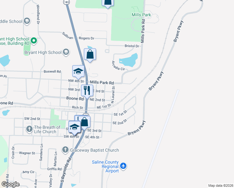 map of restaurants, bars, coffee shops, grocery stores, and more near 204 North Laurel Street in Bryant
