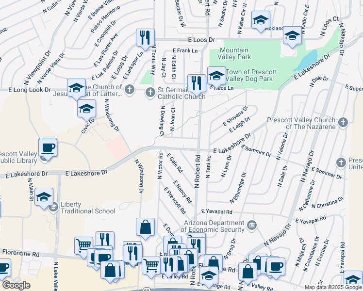 map of restaurants, bars, coffee shops, grocery stores, and more near 8149 East Lakeshore Drive in Prescott Valley