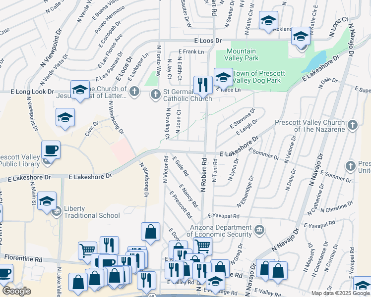 map of restaurants, bars, coffee shops, grocery stores, and more near 8149 East Lakeshore Drive in Prescott Valley