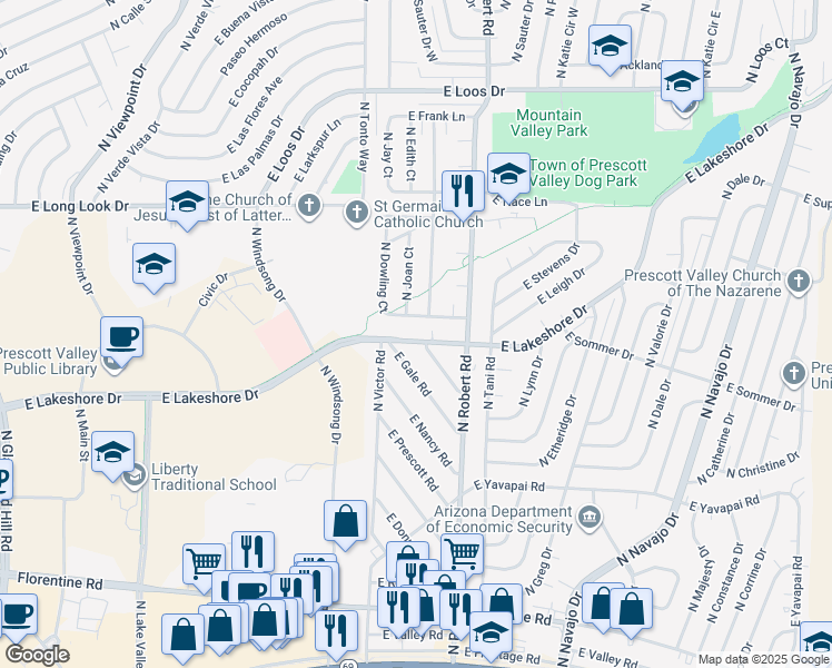 map of restaurants, bars, coffee shops, grocery stores, and more near 8149 East Lakeshore Drive in Prescott Valley