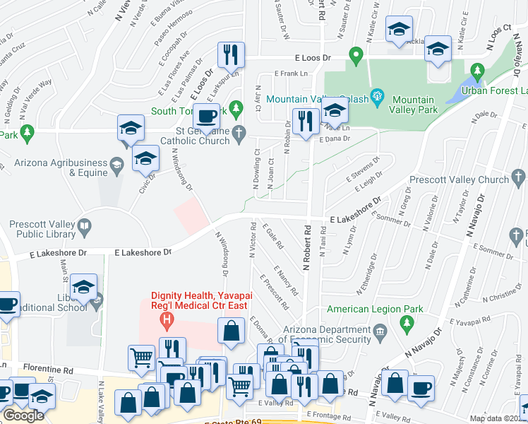 map of restaurants, bars, coffee shops, grocery stores, and more near 8031 East Gale Road in Prescott Valley