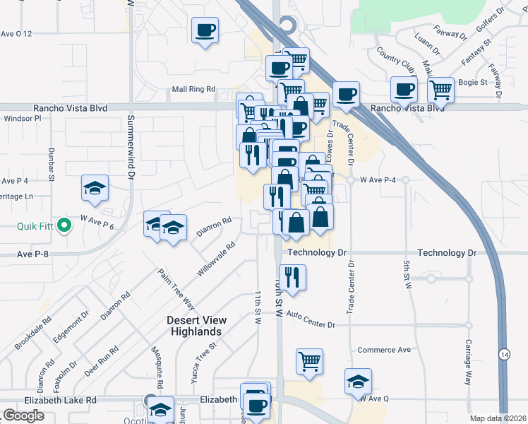 map of restaurants, bars, coffee shops, grocery stores, and more near 39237 10th Street West in Palmdale