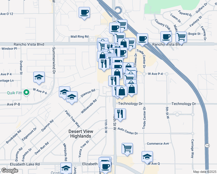 map of restaurants, bars, coffee shops, grocery stores, and more near 39237 10th Street West in Palmdale