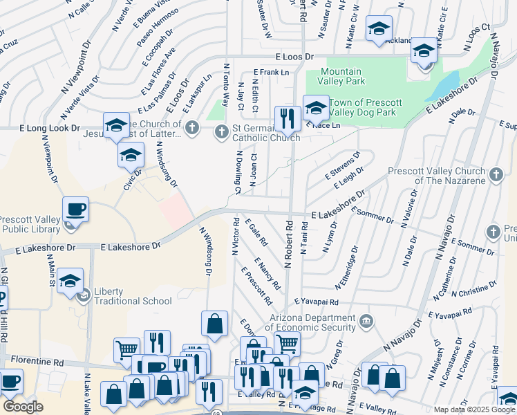 map of restaurants, bars, coffee shops, grocery stores, and more near 8149 East Lakeshore Drive in Prescott Valley