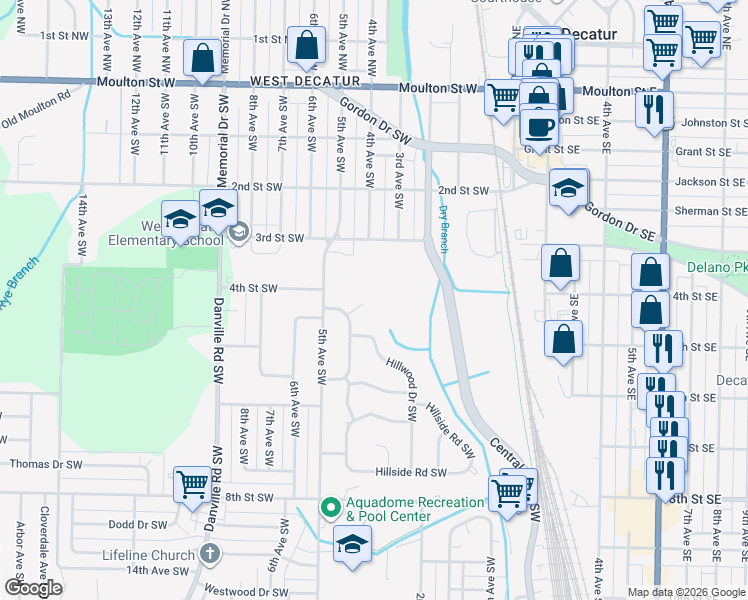 map of restaurants, bars, coffee shops, grocery stores, and more near 403 Wildwood Circle in Decatur