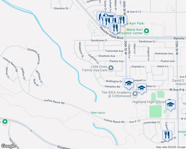 map of restaurants, bars, coffee shops, grocery stores, and more near 39329 Beacon Lane in Palmdale