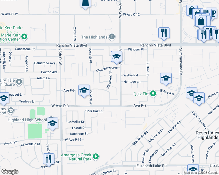 map of restaurants, bars, coffee shops, grocery stores, and more near 2038 Falcon Avenue in Palmdale