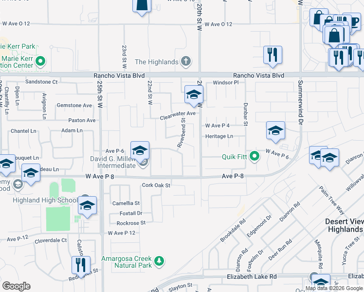 map of restaurants, bars, coffee shops, grocery stores, and more near 2038 Falcon Avenue in Palmdale