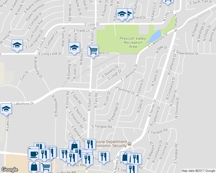 map of restaurants, bars, coffee shops, grocery stores, and more near 8348 East Lakeshore Drive in Prescott Valley