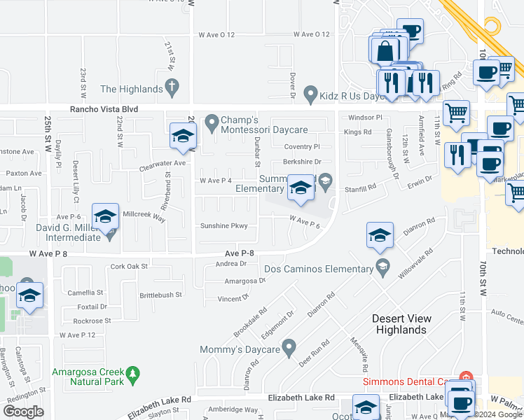 map of restaurants, bars, coffee shops, grocery stores, and more near 39312 Dunbar Street in Palmdale