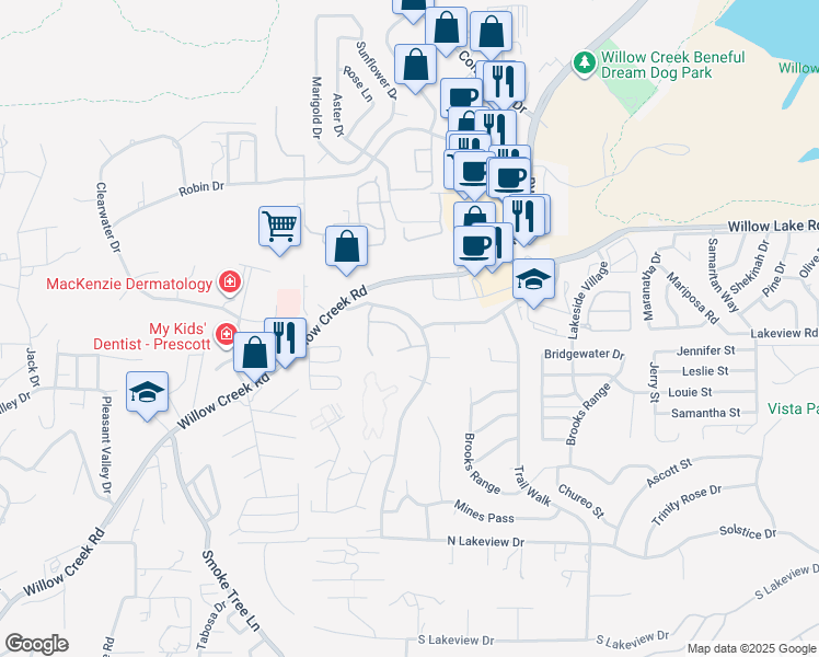 map of restaurants, bars, coffee shops, grocery stores, and more near 3171 Shoshone Drive in Prescott