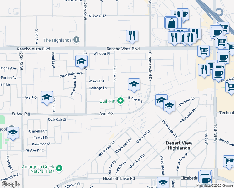 map of restaurants, bars, coffee shops, grocery stores, and more near 39312 Dunbar Street in Palmdale