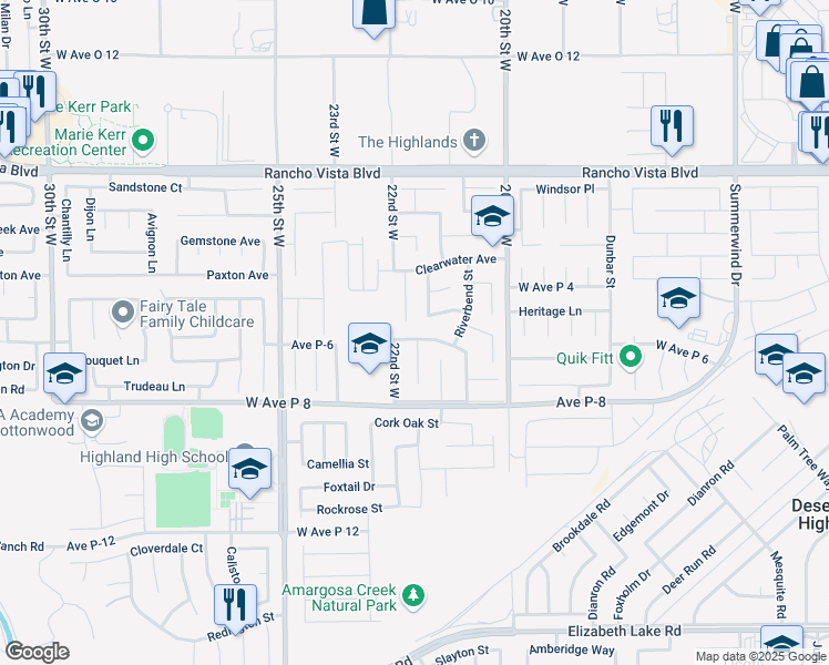 map of restaurants, bars, coffee shops, grocery stores, and more near 2151 Millcreek Way in Palmdale