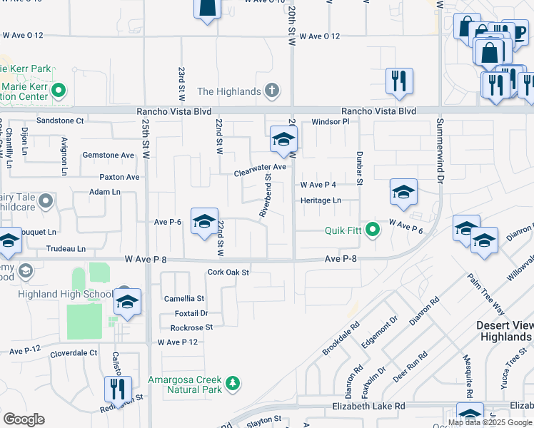 map of restaurants, bars, coffee shops, grocery stores, and more near 2038 Falcon Avenue in Palmdale
