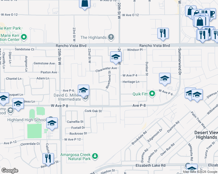 map of restaurants, bars, coffee shops, grocery stores, and more near 2038 Falcon Avenue in Palmdale