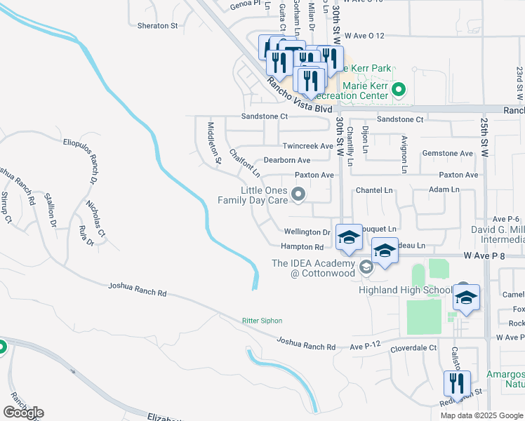map of restaurants, bars, coffee shops, grocery stores, and more near 39317 Chalfont Lane in Palmdale