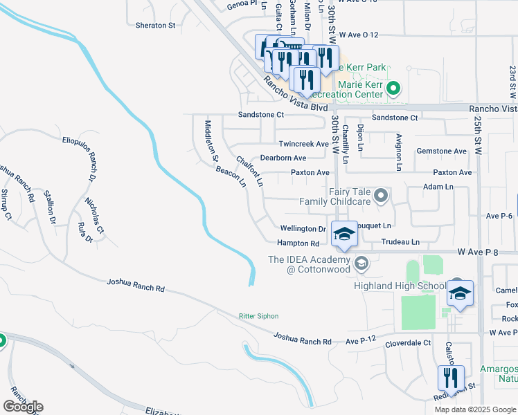 map of restaurants, bars, coffee shops, grocery stores, and more near 39317 Chalfont Lane in Palmdale