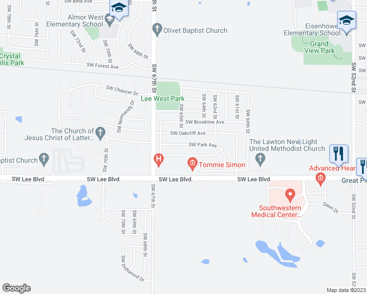 map of restaurants, bars, coffee shops, grocery stores, and more near 6128 Southwest Park Avenue in Lawton