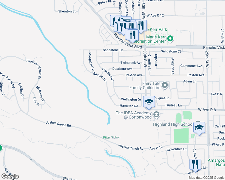 map of restaurants, bars, coffee shops, grocery stores, and more near 39317 Chalfont Lane in Palmdale