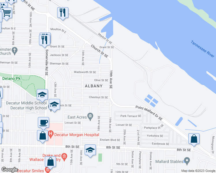 map of restaurants, bars, coffee shops, grocery stores, and more near 1820 Tower Street Southeast in Decatur