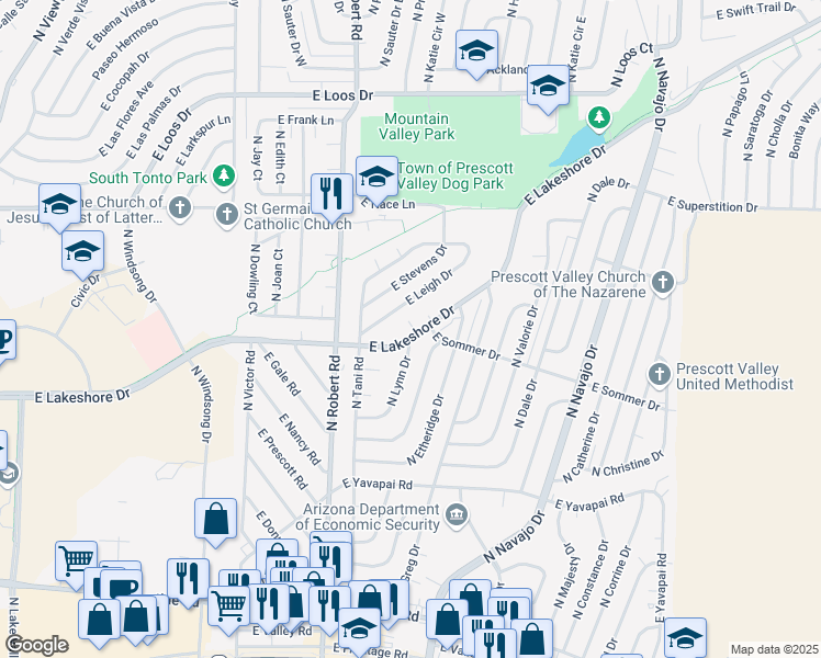map of restaurants, bars, coffee shops, grocery stores, and more near 3669 North Lynn Drive in Prescott Valley