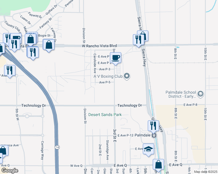 map of restaurants, bars, coffee shops, grocery stores, and more near 3rd Street East in Palmdale