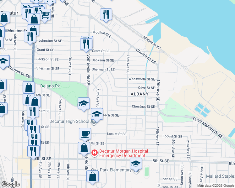 map of restaurants, bars, coffee shops, grocery stores, and more near 1514 Olive Street Southeast in Decatur