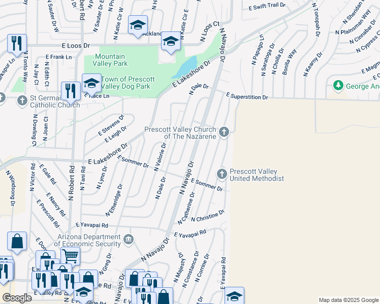 map of restaurants, bars, coffee shops, grocery stores, and more near 3766 North Navajo Drive in Prescott Valley
