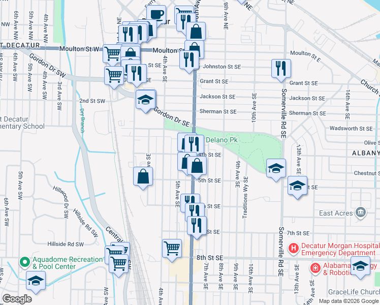 map of restaurants, bars, coffee shops, grocery stores, and more near 719 6th Avenue Southeast in Decatur