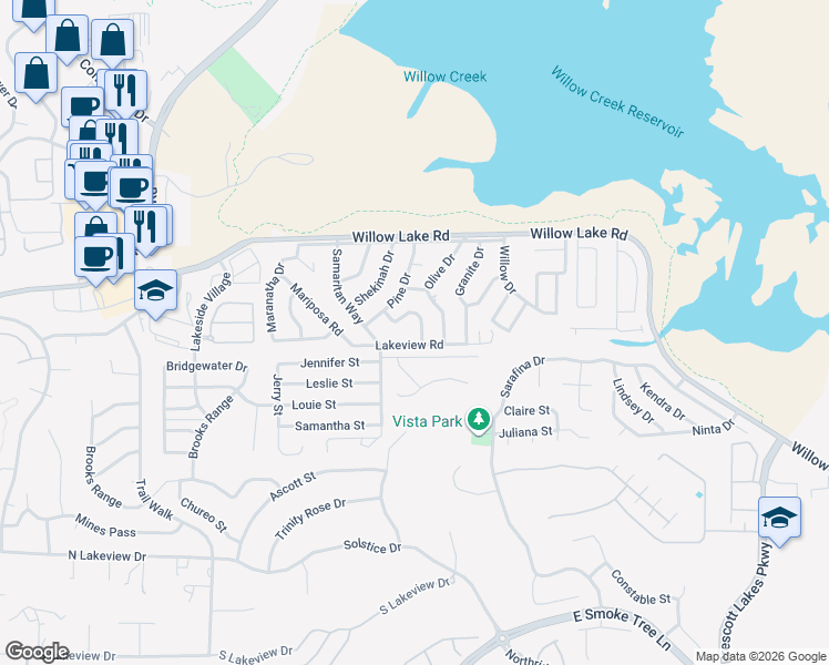 map of restaurants, bars, coffee shops, grocery stores, and more near 3055 Timber Line Road in Prescott