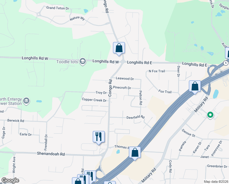 map of restaurants, bars, coffee shops, grocery stores, and more near 1521 Pinecroft Drive in Benton