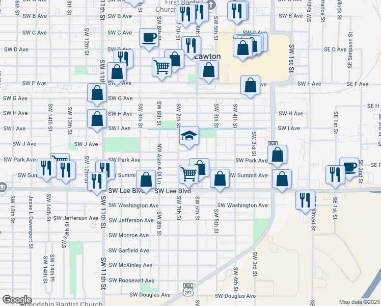 map of restaurants, bars, coffee shops, grocery stores, and more near 601 Southwest Park Avenue in Lawton