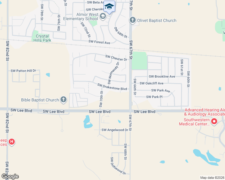 map of restaurants, bars, coffee shops, grocery stores, and more near 6810 Southwest Drakestone Boulevard in Lawton