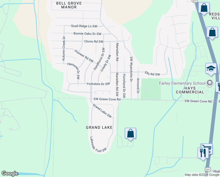 map of restaurants, bars, coffee shops, grocery stores, and more near 14012 Mariellen Road Southwest in Huntsville