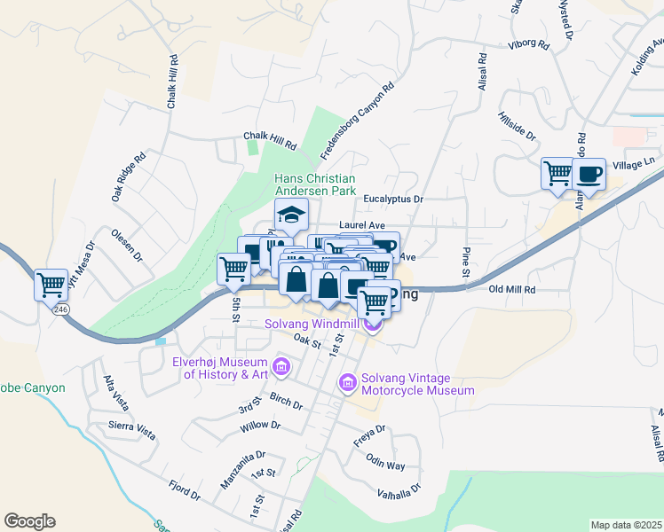 map of restaurants, bars, coffee shops, grocery stores, and more near 1609 Elm Avenue in Solvang