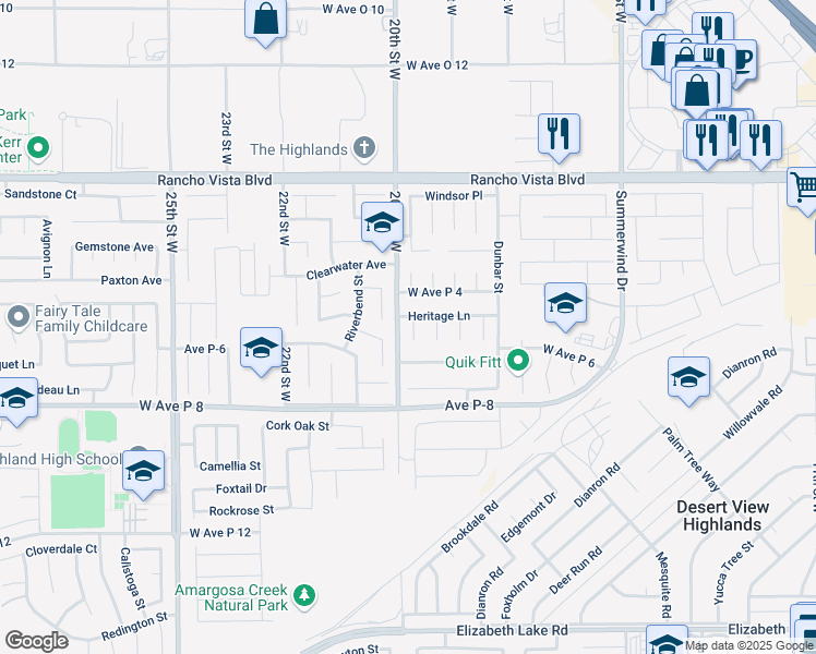 map of restaurants, bars, coffee shops, grocery stores, and more near 39323 Calmview Circle in Palmdale