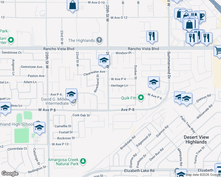 map of restaurants, bars, coffee shops, grocery stores, and more near 39323 Calmview Circle in Palmdale