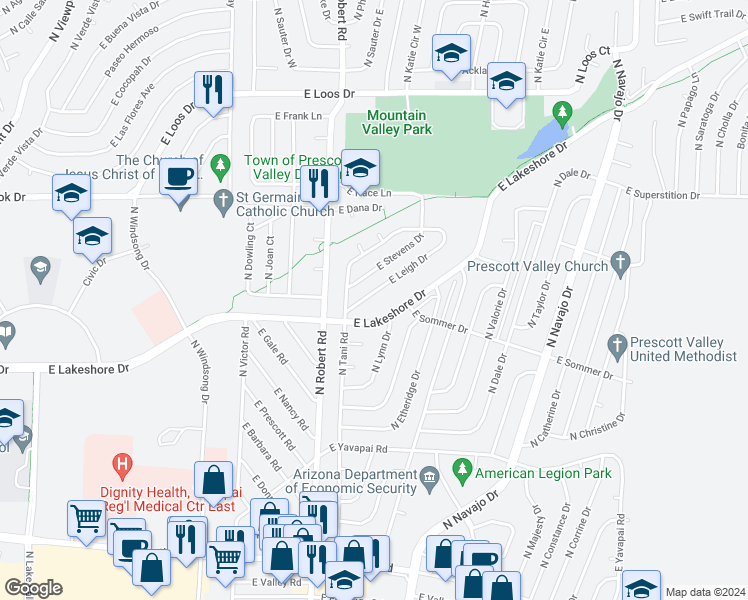 map of restaurants, bars, coffee shops, grocery stores, and more near 8333 East Leigh Drive in Prescott Valley