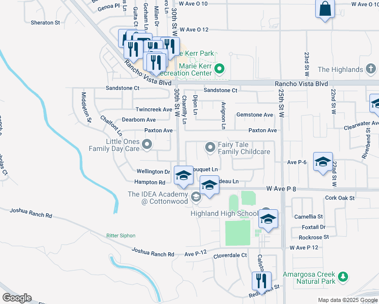 map of restaurants, bars, coffee shops, grocery stores, and more near 39350 Chantilly Lane in Palmdale