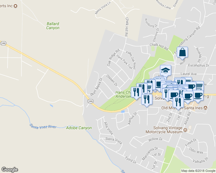 map of restaurants, bars, coffee shops, grocery stores, and more near 1247 Coast Oak Drive in Solvang