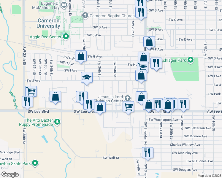 map of restaurants, bars, coffee shops, grocery stores, and more near 1206 Southwest 25th Place in Lawton