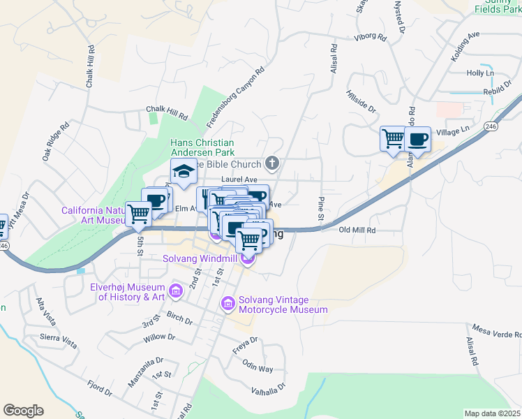 map of restaurants, bars, coffee shops, grocery stores, and more near 561 Alisal Road in Solvang