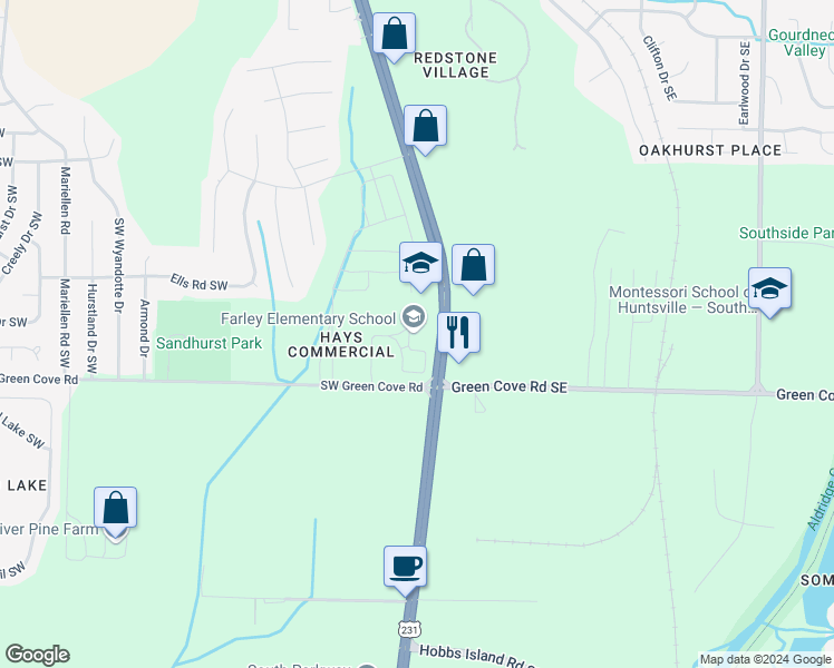 map of restaurants, bars, coffee shops, grocery stores, and more near 2900 Southwest Green Cove Road in Huntsville