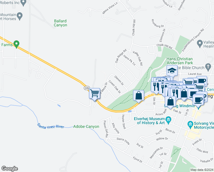 map of restaurants, bars, coffee shops, grocery stores, and more near 1218 Petersen Avenue in Solvang