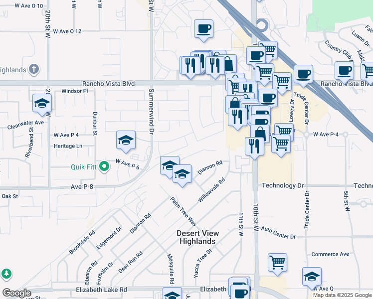 map of restaurants, bars, coffee shops, grocery stores, and more near 1234 Wellington Drive in Palmdale