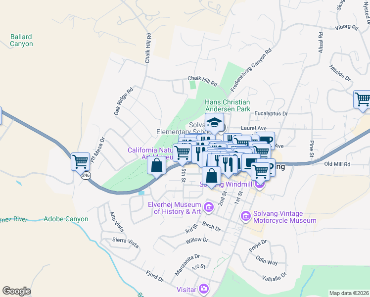 map of restaurants, bars, coffee shops, grocery stores, and more near 529 5th Street in Solvang