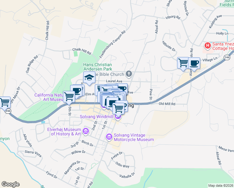 map of restaurants, bars, coffee shops, grocery stores, and more near 1676 Maple Avenue in Solvang
