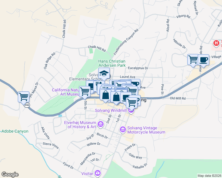 map of restaurants, bars, coffee shops, grocery stores, and more near Atterdag Road & Elm Avenue in Solvang
